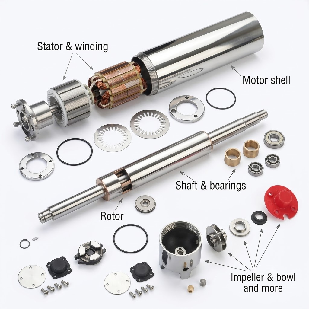 Exploded view of Aden submersible pump components